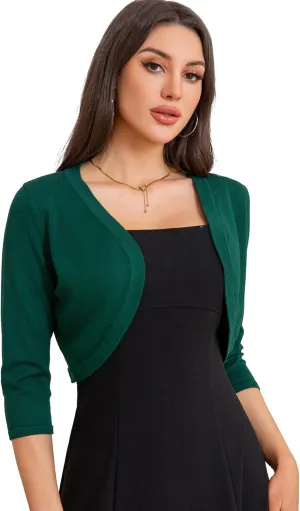 Women's Cropped 3/4 Sleeve Knit Cardigan - Open Front Bolero Shrug