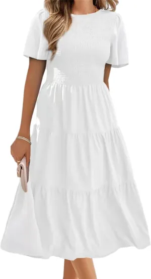 Womens Cute Summer Dresses Casual Short Sleeve Crew Neck Flowy Maxi Dresses Ruffle Boho Dress Vacation Beach Dresses