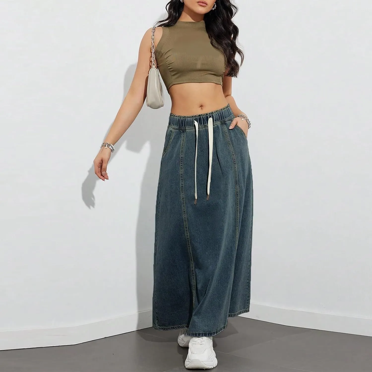 Women's Denim Long Skirts Elastic Drawstring High Waist A Line Flare Paperbag Jean Skirt Long Maxi Denim Skirt Summer Casual