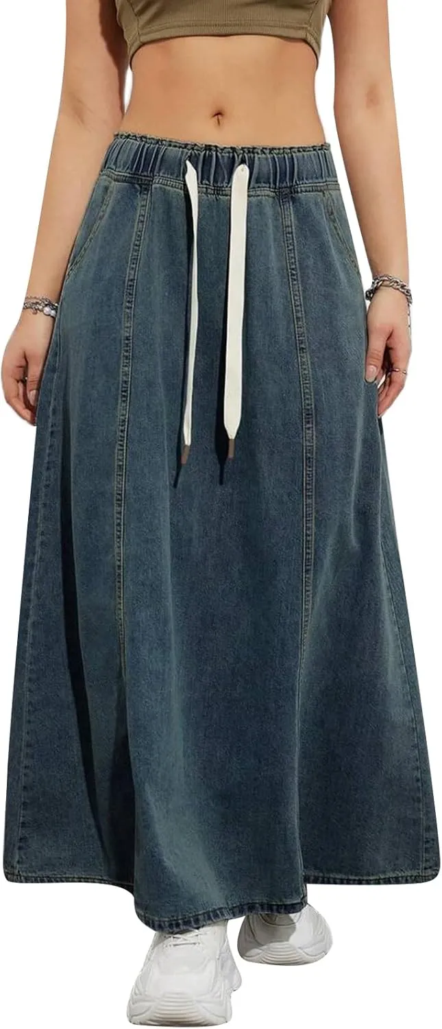 Women's Denim Long Skirts Elastic Drawstring High Waist A Line Flare Paperbag Jean Skirt Long Maxi Denim Skirt Summer Casual