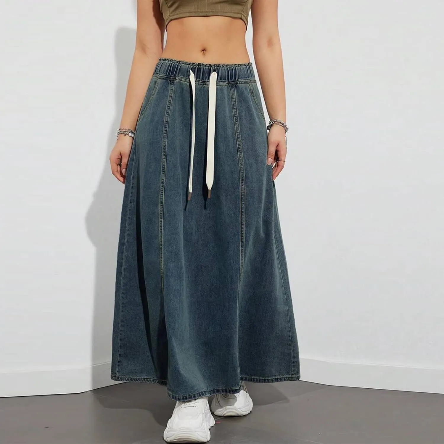 Women's Denim Long Skirts Elastic Drawstring High Waist A Line Flare Paperbag Jean Skirt Long Maxi Denim Skirt Summer Casual