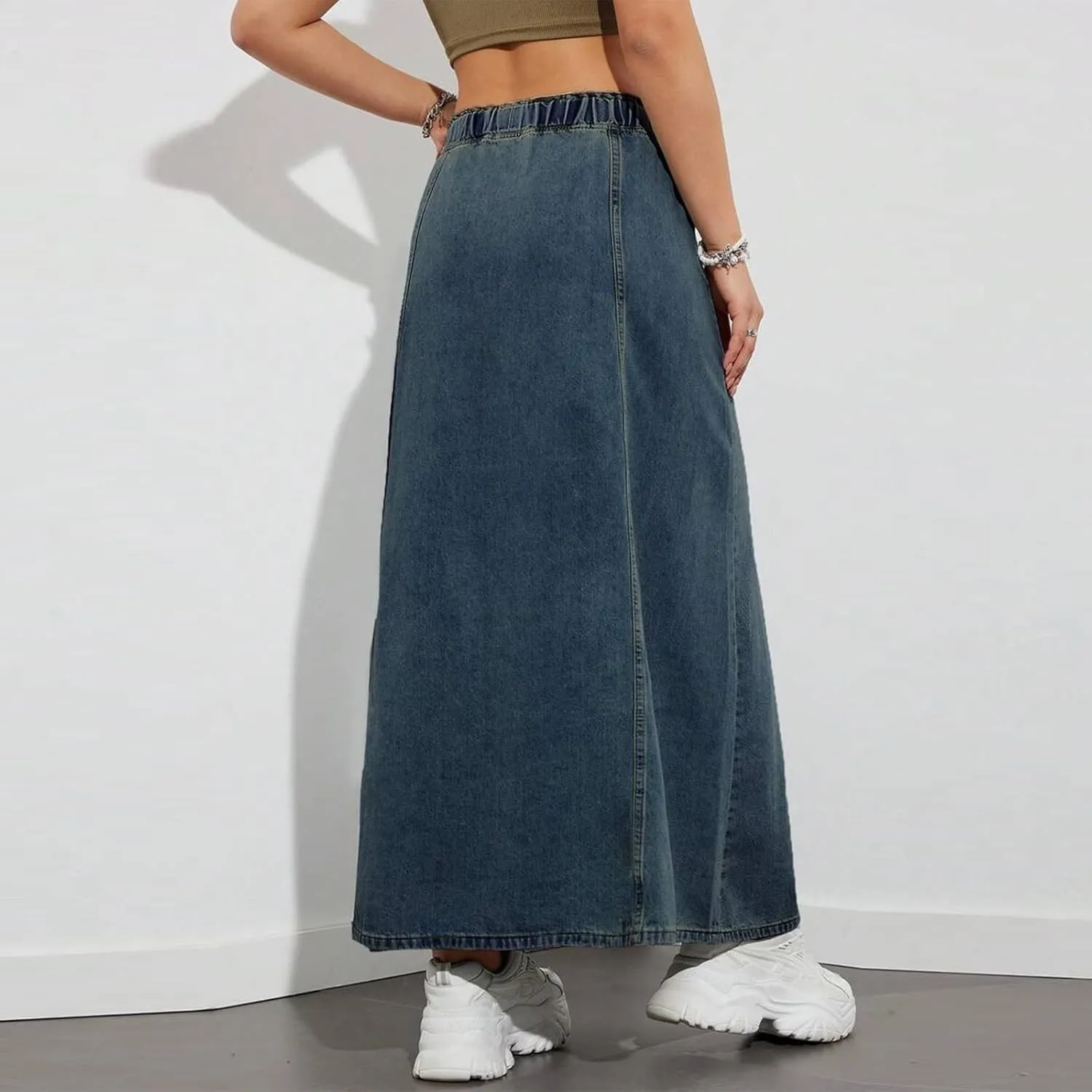 Women's Denim Long Skirts Elastic Drawstring High Waist A Line Flare Paperbag Jean Skirt Long Maxi Denim Skirt Summer Casual