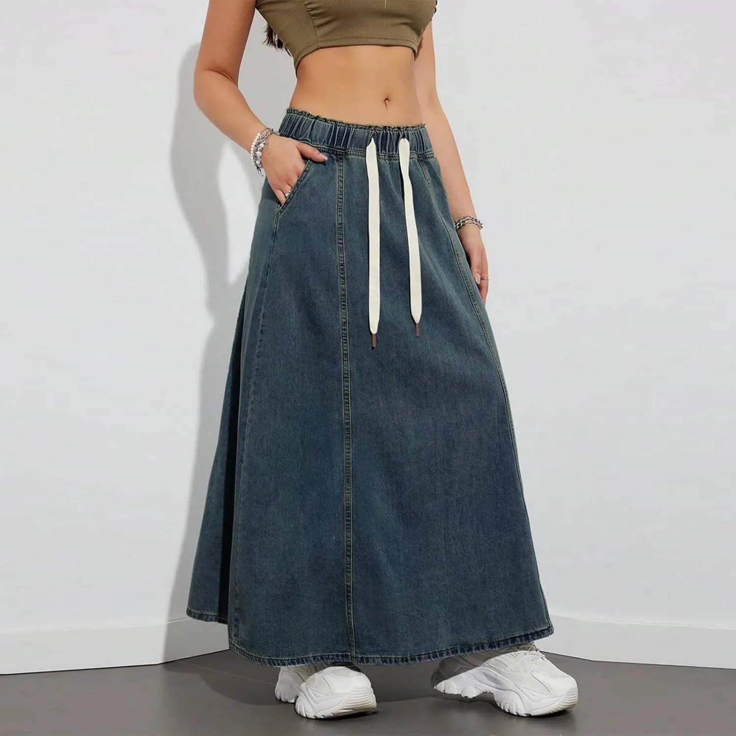 Women's Denim Long Skirts Elastic Drawstring High Waist A Line Flare Paperbag Jean Skirt Long Maxi Denim Skirt Summer Casual