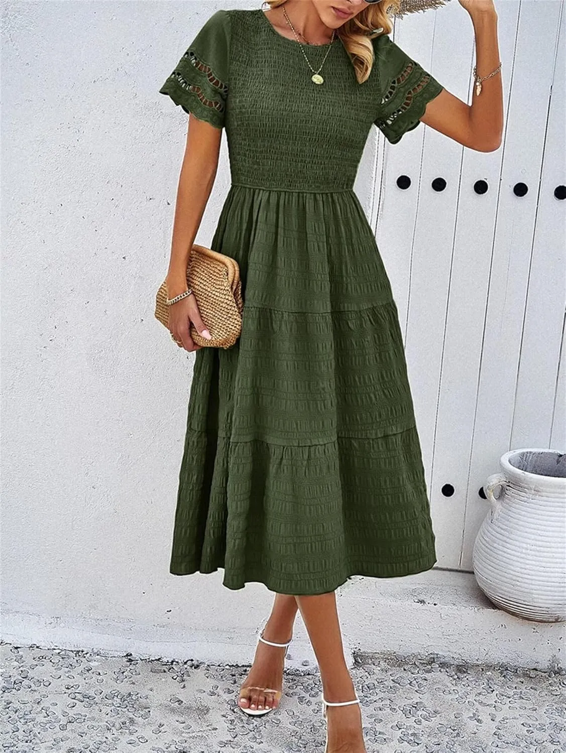 Womens Elegant Summer Dresses Casual Short Sleeve O Neck Maxi Dress Ruffle Boho Vacation Dress Wedding Guest Dresses