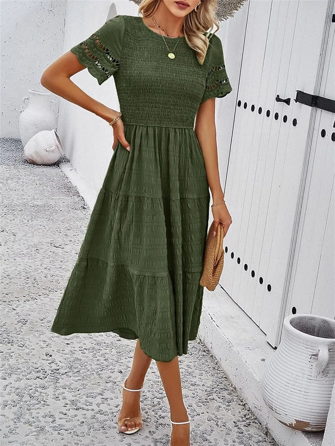 Womens Elegant Summer Dresses Casual Short Sleeve O Neck Maxi Dress Ruffle Boho Vacation Dress Wedding Guest Dresses
