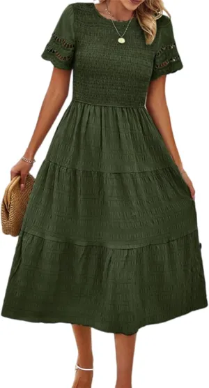 Womens Elegant Summer Dresses Casual Short Sleeve O Neck Maxi Dress Ruffle Boho Vacation Dress Wedding Guest Dresses