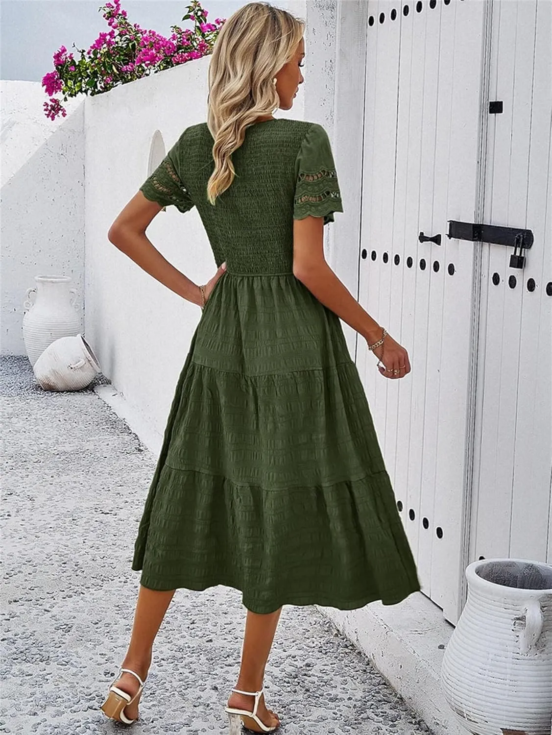 Womens Elegant Summer Dresses Casual Short Sleeve O Neck Maxi Dress Ruffle Boho Vacation Dress Wedding Guest Dresses