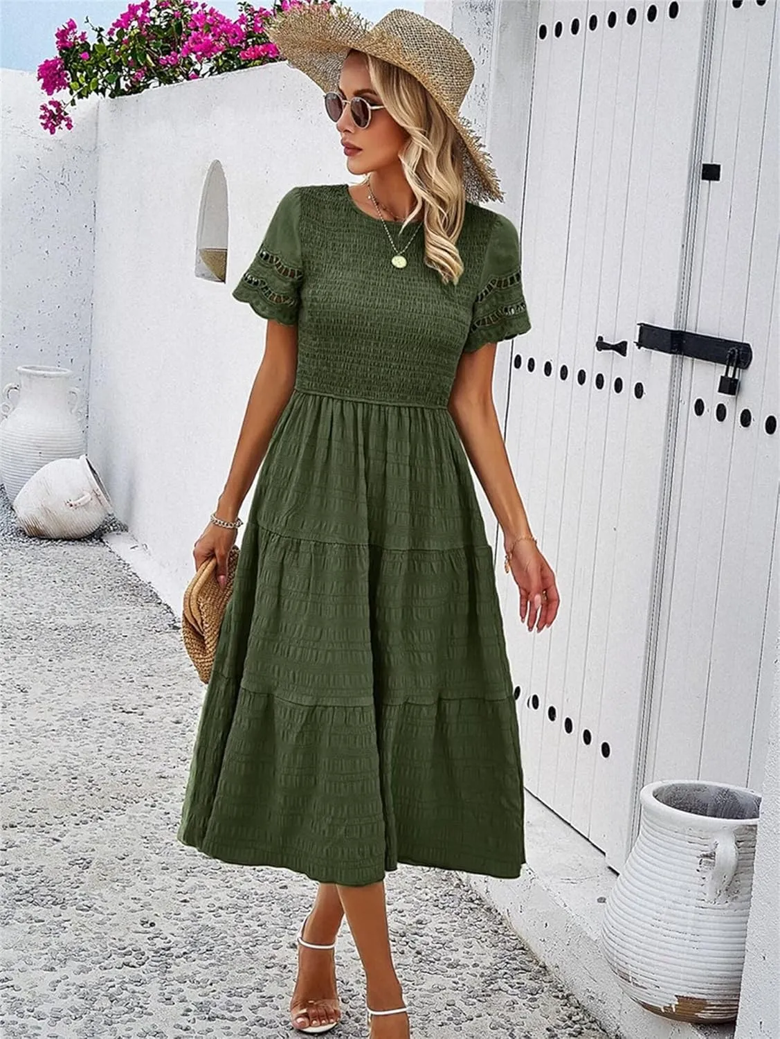 Womens Elegant Summer Dresses Casual Short Sleeve O Neck Maxi Dress Ruffle Boho Vacation Dress Wedding Guest Dresses