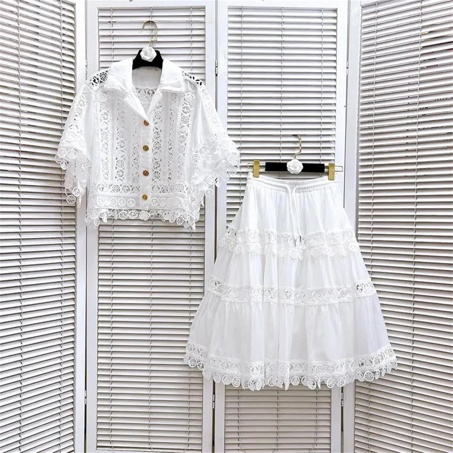 WomenS Embroidered Lace Jacket with Pleated Skirt Set Summer Holiday Wear Hollow Out Design Two Piece Outfit