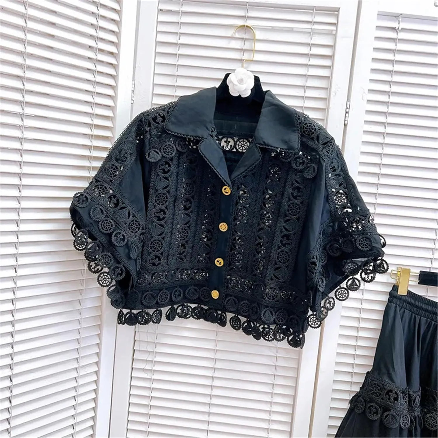 WomenS Embroidered Lace Jacket with Pleated Skirt Set Summer Holiday Wear Hollow Out Design Two Piece Outfit