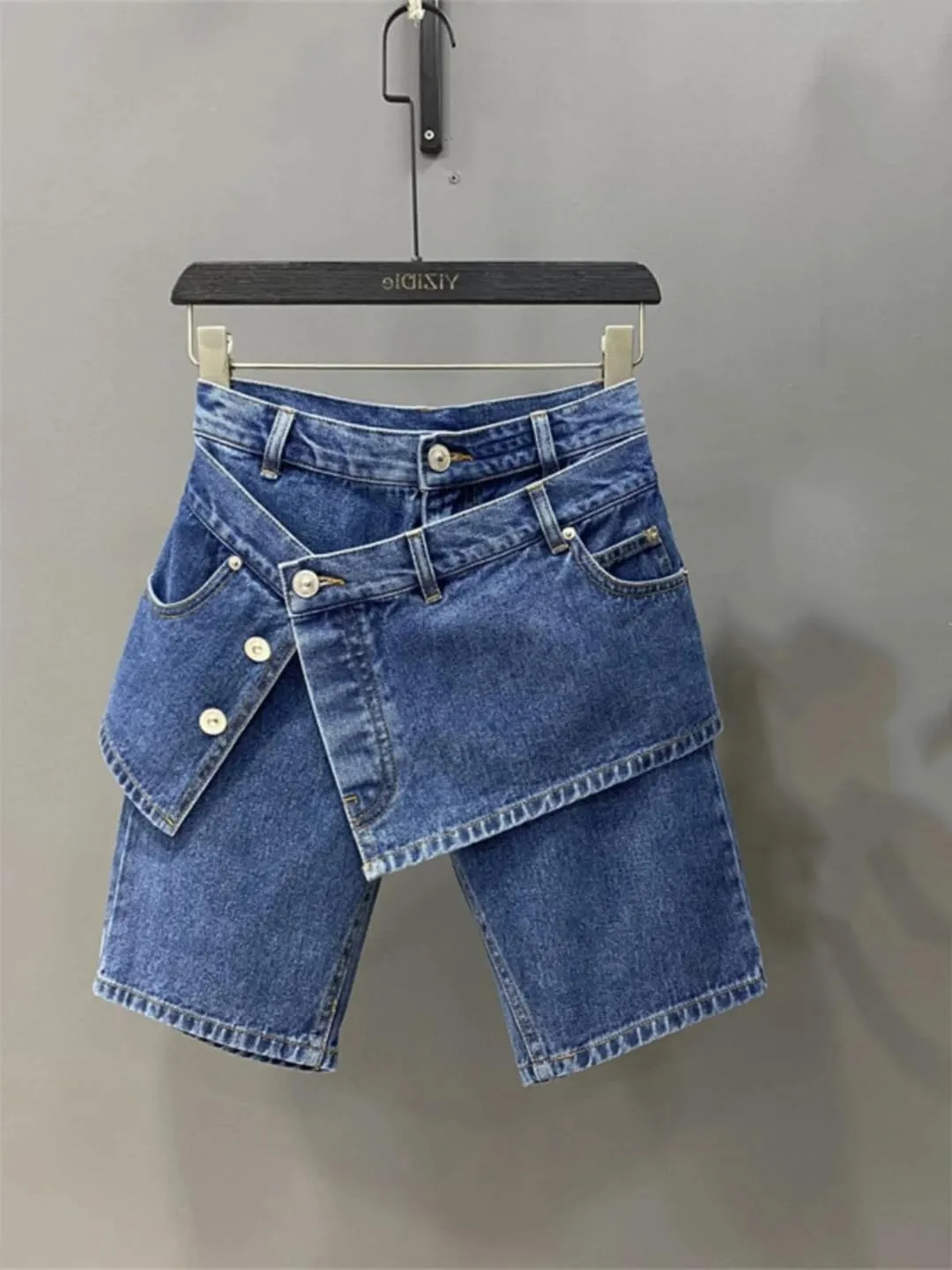 Women's Fake Two Piece Slim Straight Leg Half Jeans Summer High Waisted Short Skirt Pants