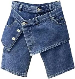 Women's Fake Two Piece Slim Straight Leg Half Jeans Summer High Waisted Short Skirt Pants