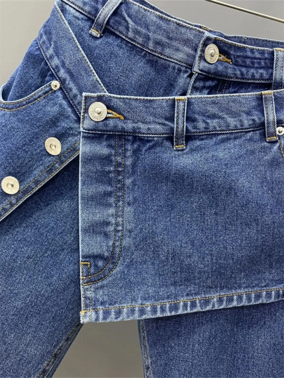 Women's Fake Two Piece Slim Straight Leg Half Jeans Summer High Waisted Short Skirt Pants