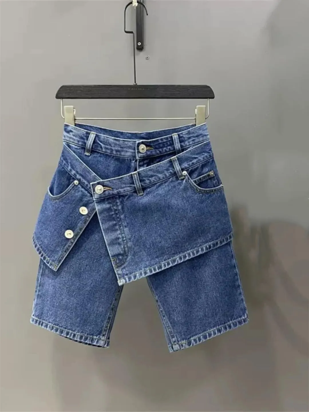 Women's Fake Two Piece Slim Straight Leg Half Jeans Summer High Waisted Short Skirt Pants