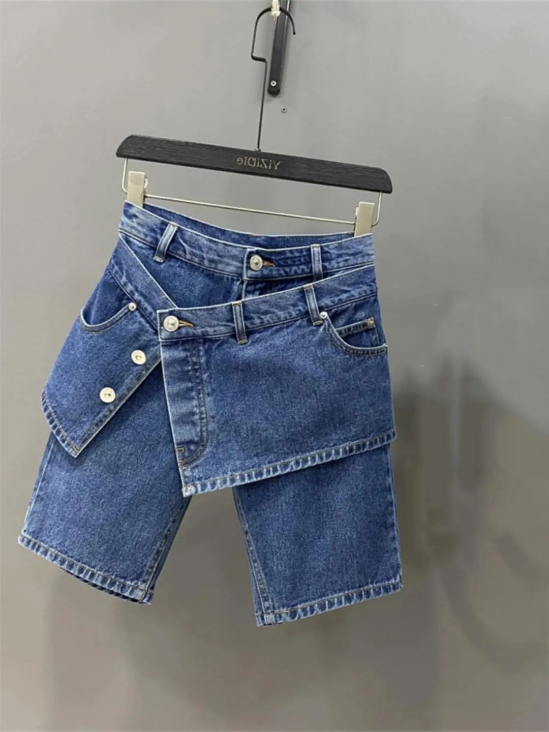 Women's Fake Two Piece Slim Straight Leg Half Jeans Summer High Waisted Short Skirt Pants