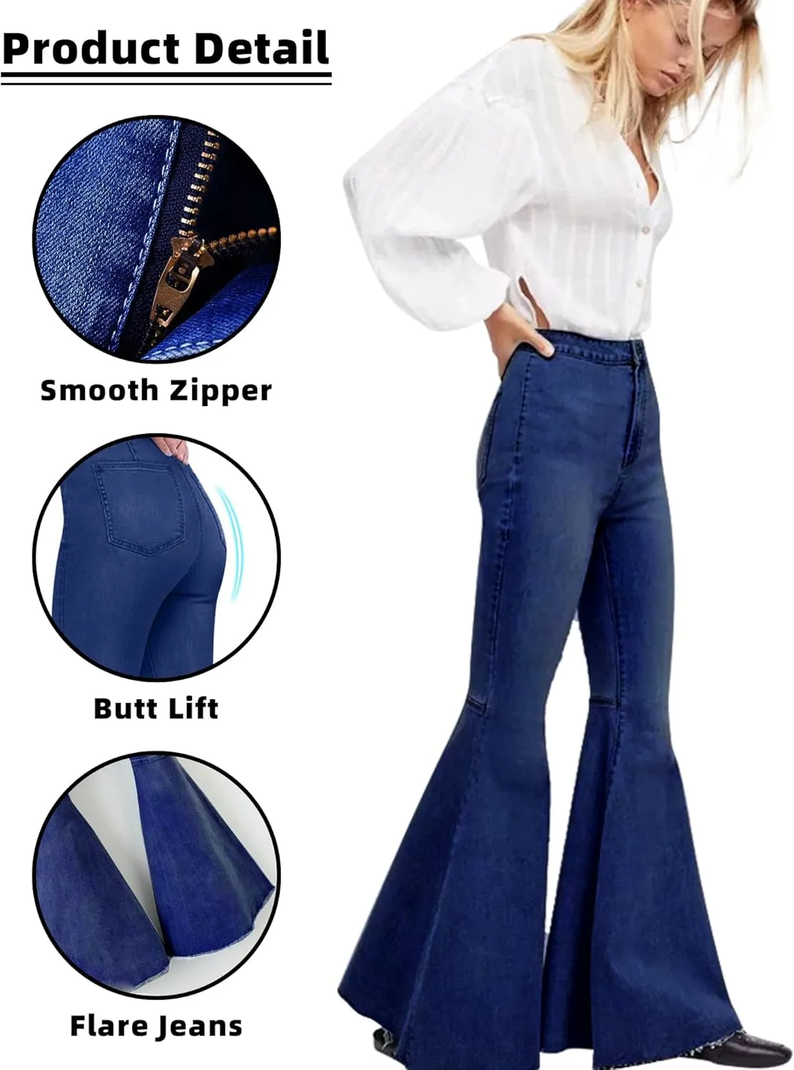 Women's Fashion Bell Bottom Pants High Waist Tassel Stretch Curvy Fit Jeans Blue