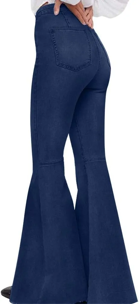 Women's Fashion Bell Bottom Pants High Waist Tassel Stretch Curvy Fit Jeans Blue