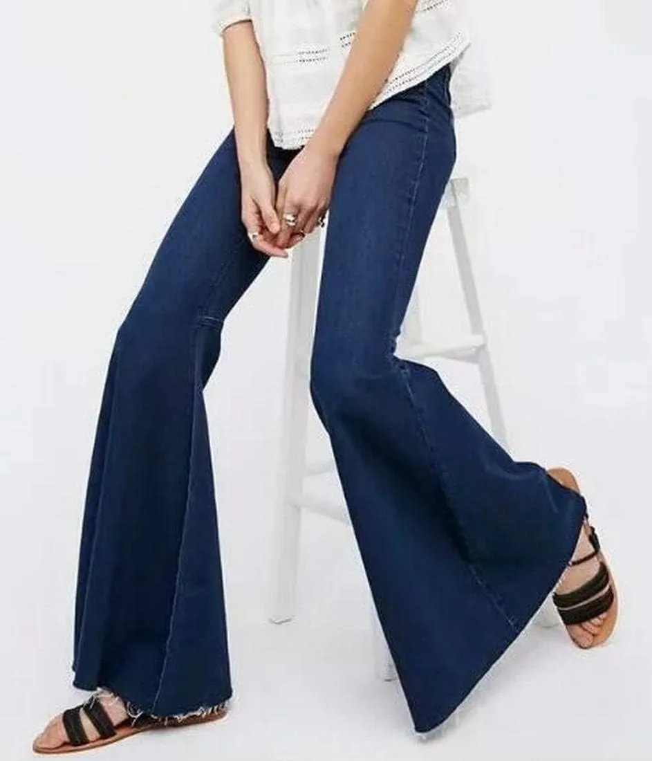 Women's Fashion Bell Bottom Pants High Waist Tassel Stretch Curvy Fit Jeans Blue