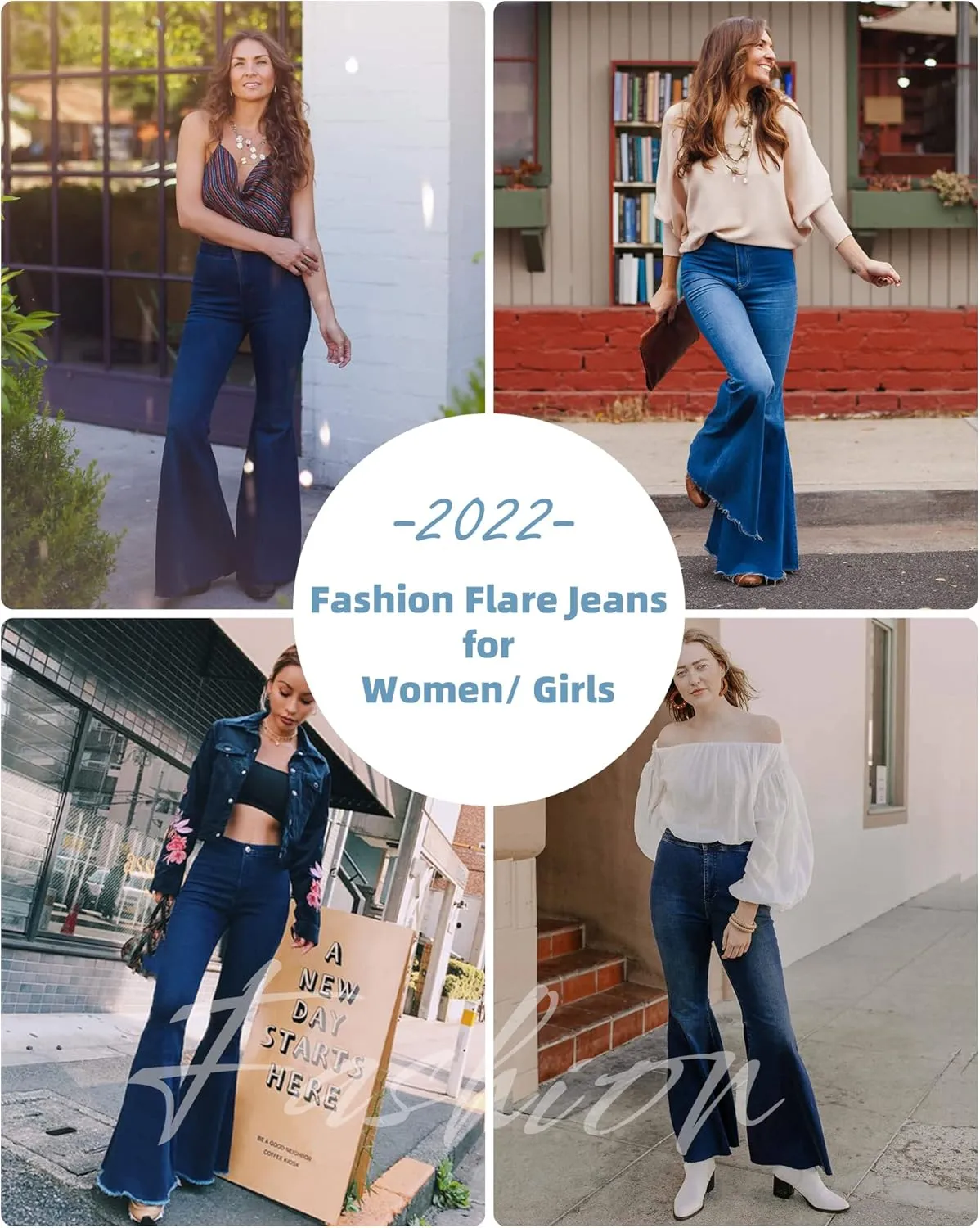 Women's Fashion Bell Bottom Pants High Waist Tassel Stretch Curvy Fit Jeans Blue