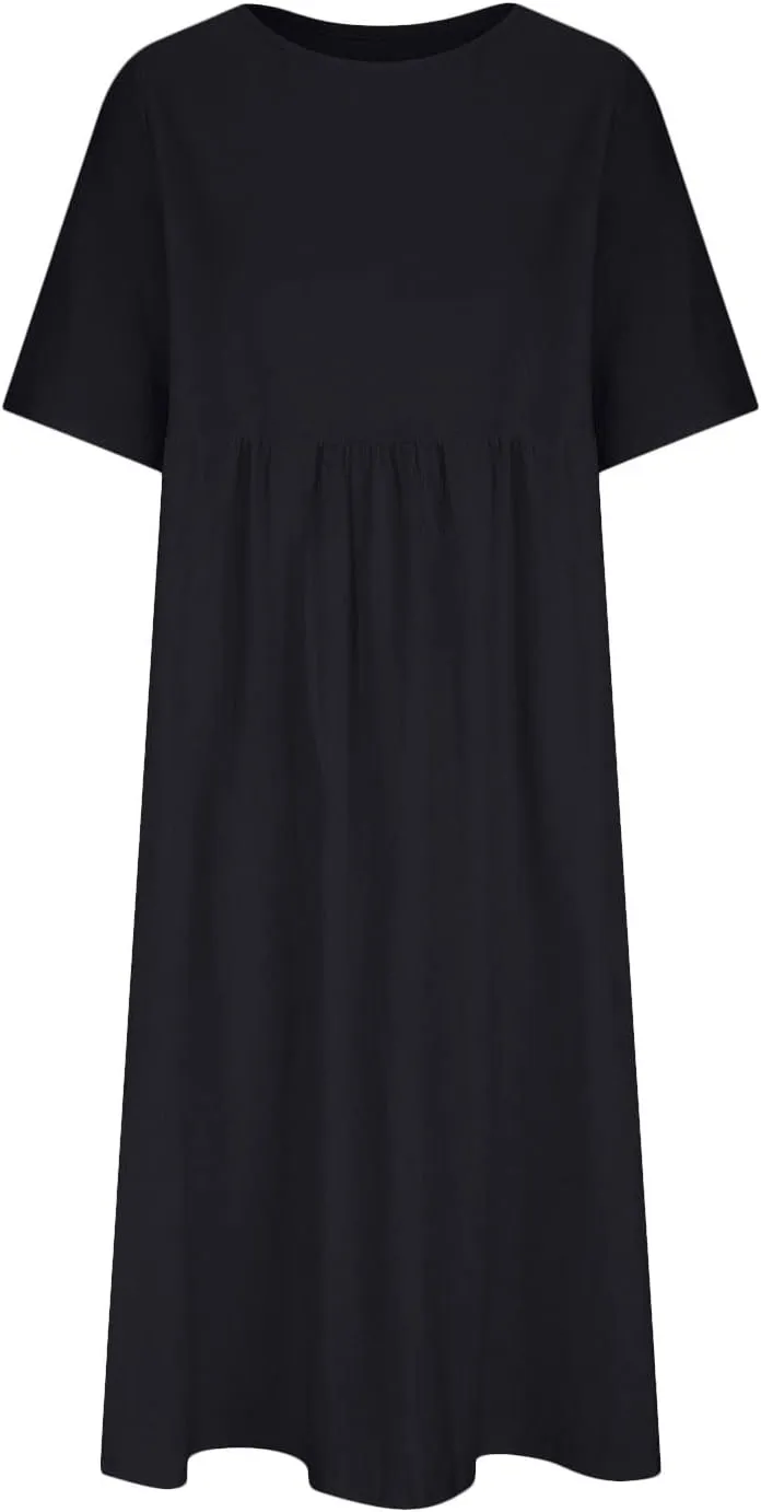 Women's Fashion Trendy 2025 Half Sleeve Linen Maxi Dresses Casual Loose Plus Size A Line Pleated Beach Dress Outfits
