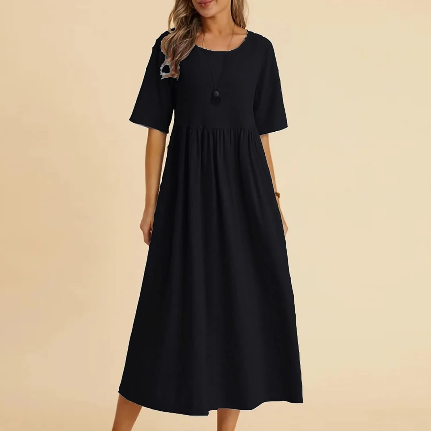 Women's Fashion Trendy 2025 Half Sleeve Linen Maxi Dresses Casual Loose Plus Size A Line Pleated Beach Dress Outfits