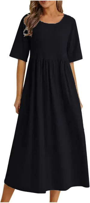 Women's Fashion Trendy 2025 Half Sleeve Linen Maxi Dresses Casual Loose Plus Size A Line Pleated Beach Dress Outfits