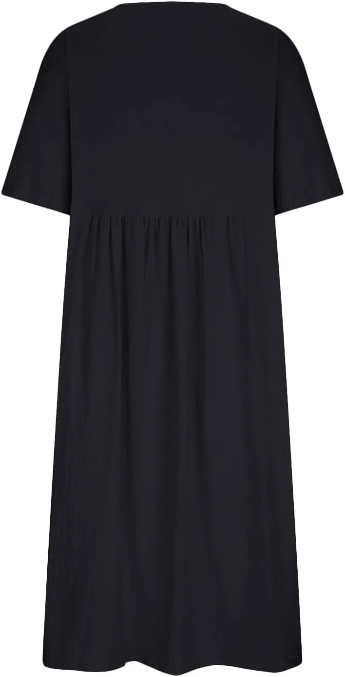Women's Fashion Trendy 2025 Half Sleeve Linen Maxi Dresses Casual Loose Plus Size A Line Pleated Beach Dress Outfits