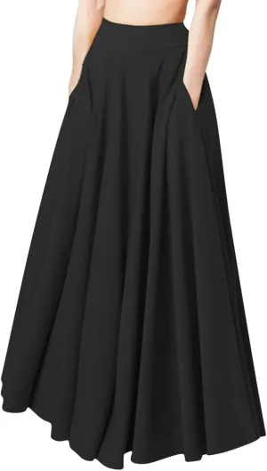 Womens High Elastic Waist Pleated Beach Skirt Midi Swing A-line Skirt Dressy Plain Solid Color Elegant Long Skirts