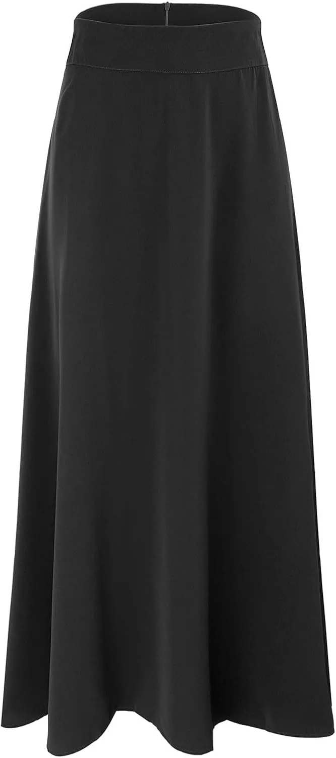 Womens High Elastic Waist Pleated Beach Skirt Midi Swing A-line Skirt Dressy Plain Solid Color Elegant Long Skirts