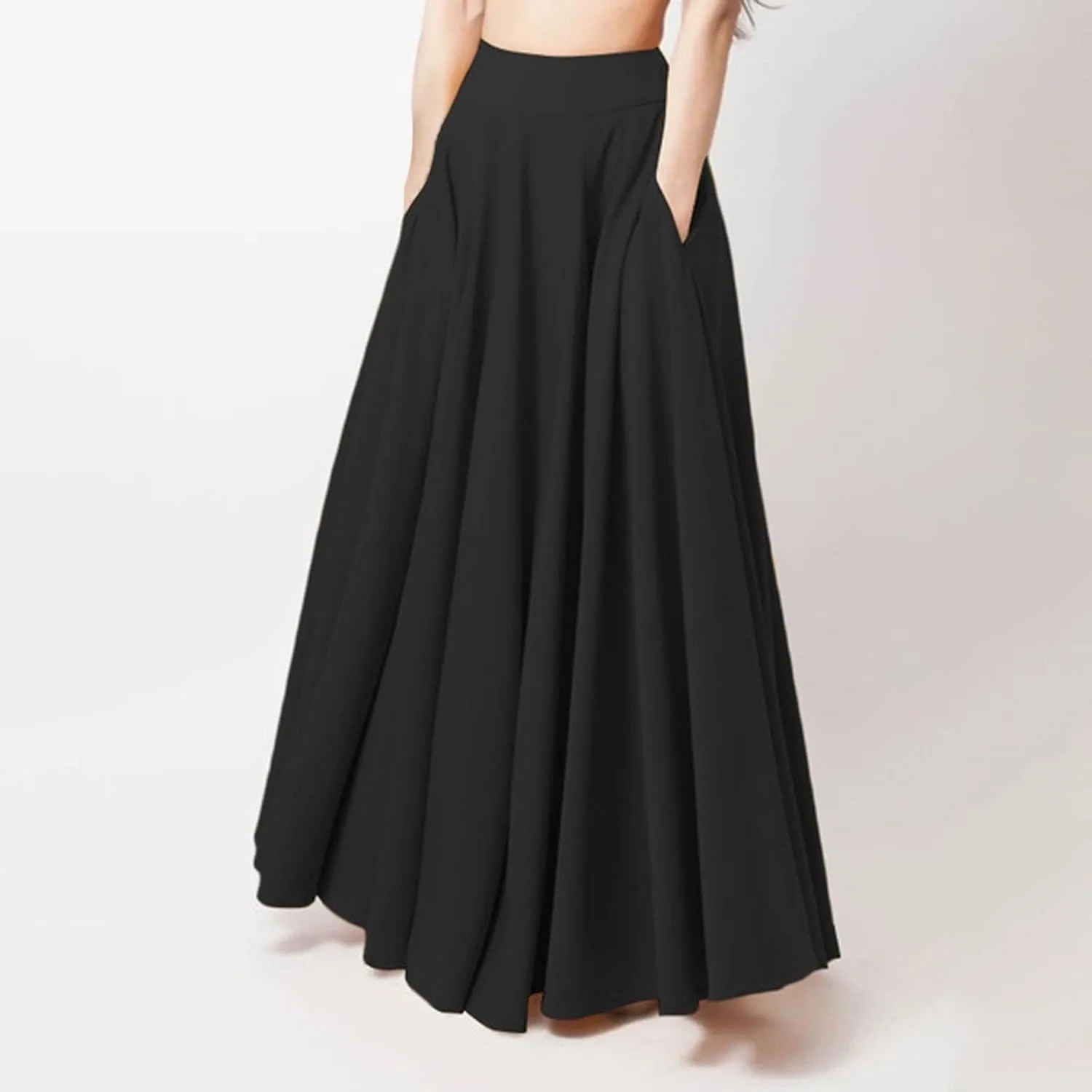 Womens High Elastic Waist Pleated Beach Skirt Midi Swing A-line Skirt Dressy Plain Solid Color Elegant Long Skirts