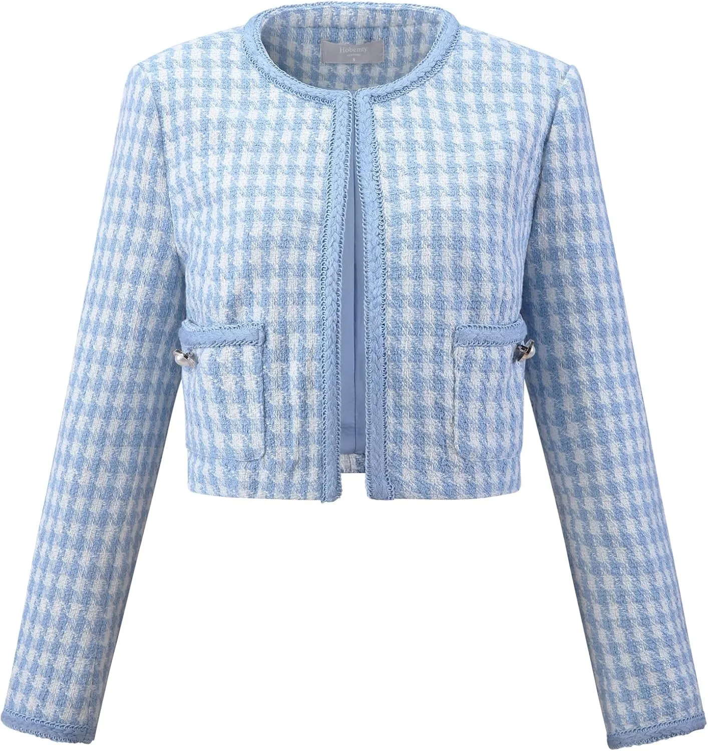 Women's Houndstooth Blazer Collarless Plaid Cropped Tweed Jacket