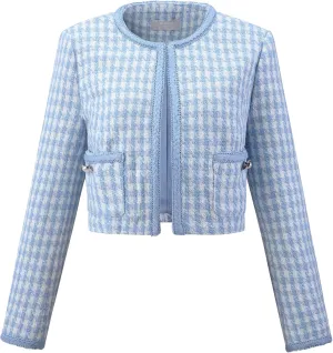 Women's Houndstooth Blazer Collarless Plaid Cropped Tweed Jacket