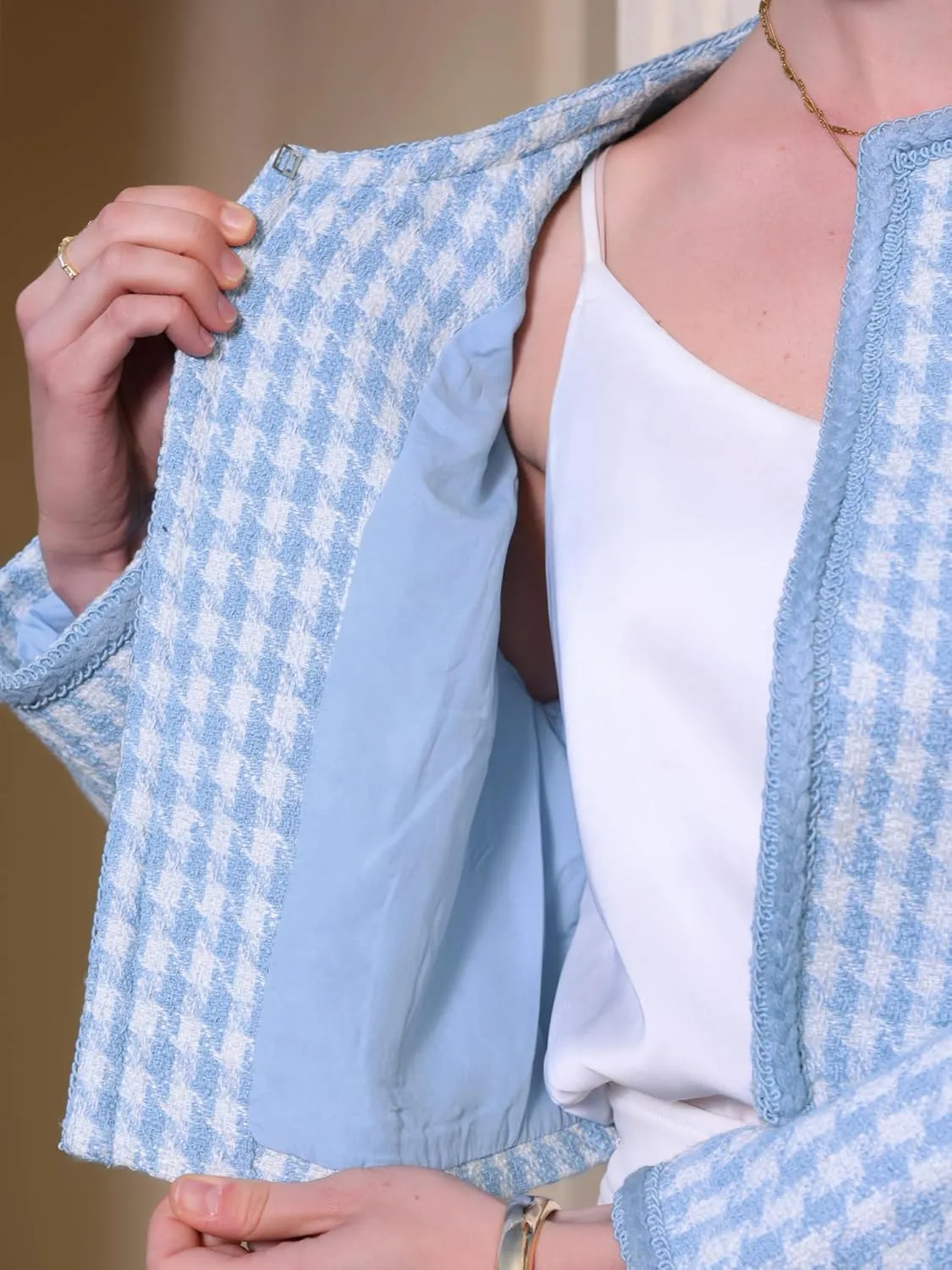 Women's Houndstooth Blazer Collarless Plaid Cropped Tweed Jacket