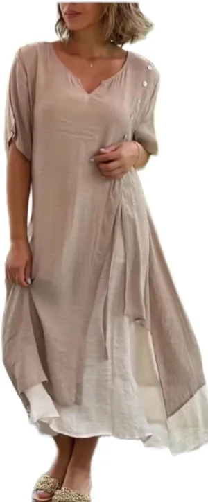 Womens Linen Maxi Dresses Half Sleeve V Neck Irregular Hem Boho Fake Two Piece Split Flowy Casual Shirt Dress