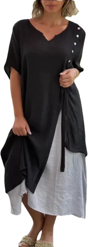 Womens Linen Maxi Dresses Half Sleeve V Neck Irregular Hem Boho Fake Two Piece Split Flowy Casual Shirt Dress