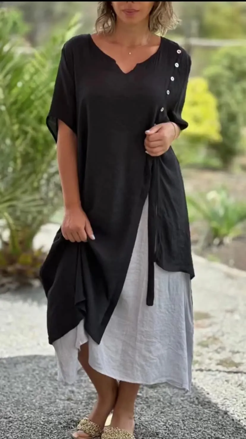Womens Linen Maxi Dresses Half Sleeve V Neck Irregular Hem Boho Fake Two Piece Split Flowy Casual Shirt Dress