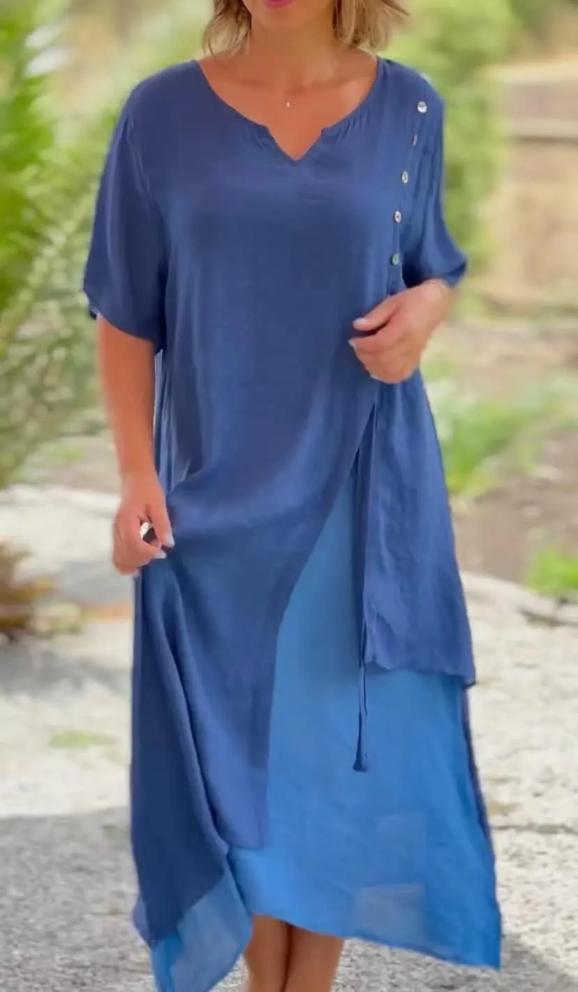 Womens Linen Maxi Dresses Half Sleeve V Neck Irregular Hem Boho Fake Two Piece Split Flowy Casual Shirt Dress
