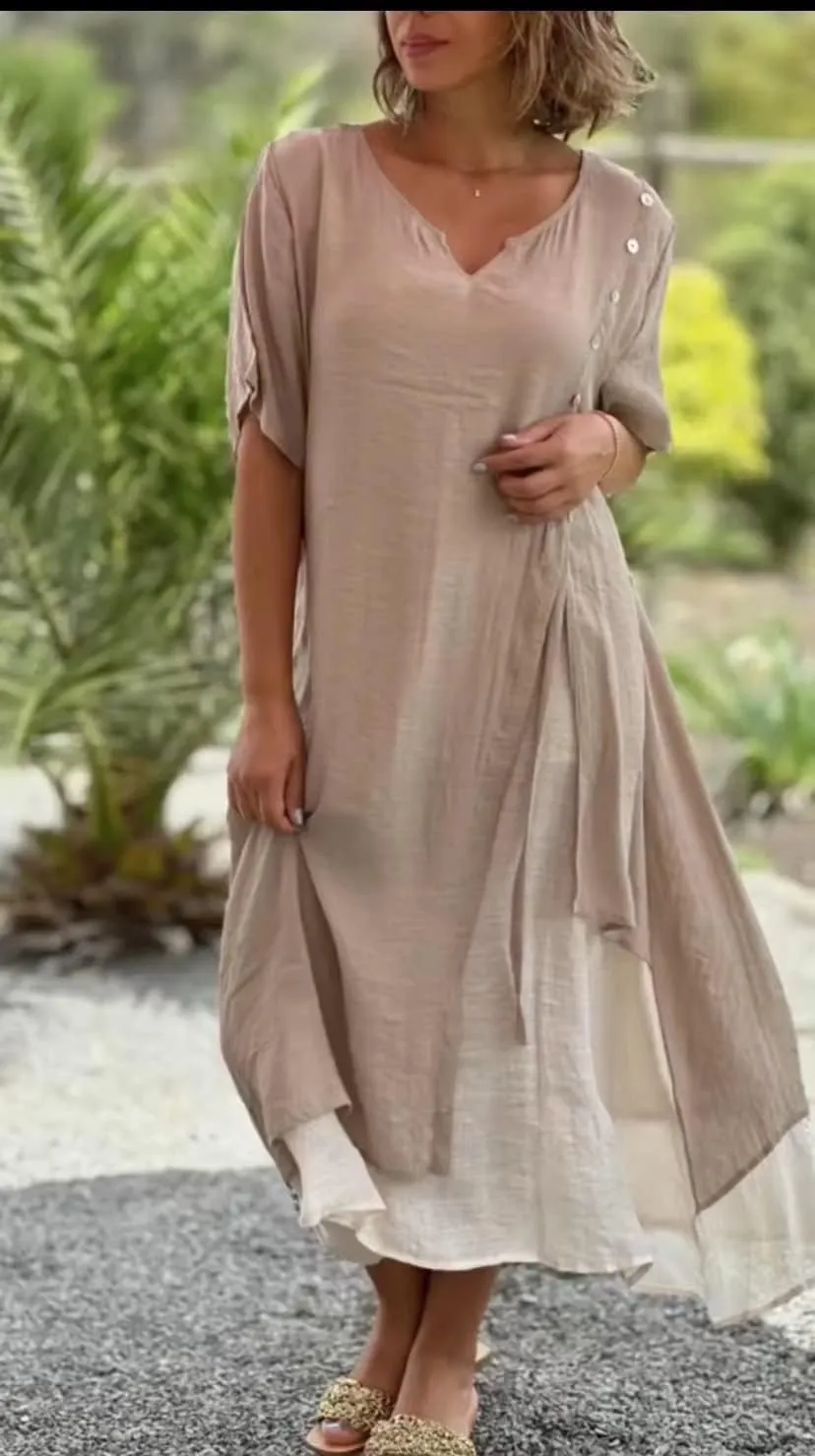 Womens Linen Maxi Dresses Half Sleeve V Neck Irregular Hem Boho Fake Two Piece Split Flowy Casual Shirt Dress
