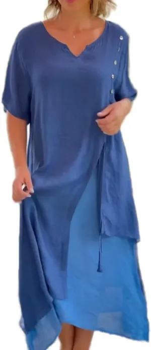 Womens Linen Maxi Dresses Half Sleeve V Neck Irregular Hem Boho Fake Two Piece Split Flowy Casual Shirt Dress