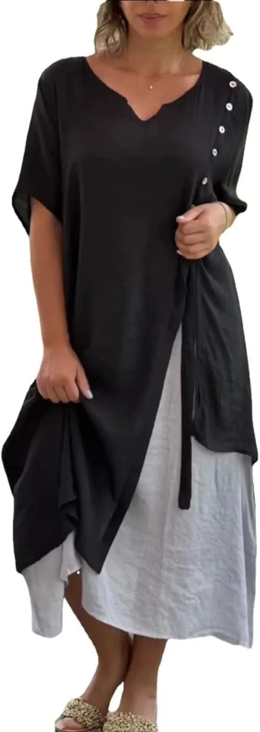 Womens Linen Maxi Dresses Half Sleeve V Neck Irregular Hem Boho Fake Two Piece Split Flowy Casual Shirt Dress