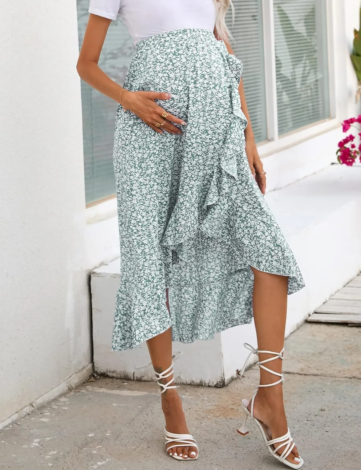 Women's Maternity Midi Skirt Pleated Elastic High Waist