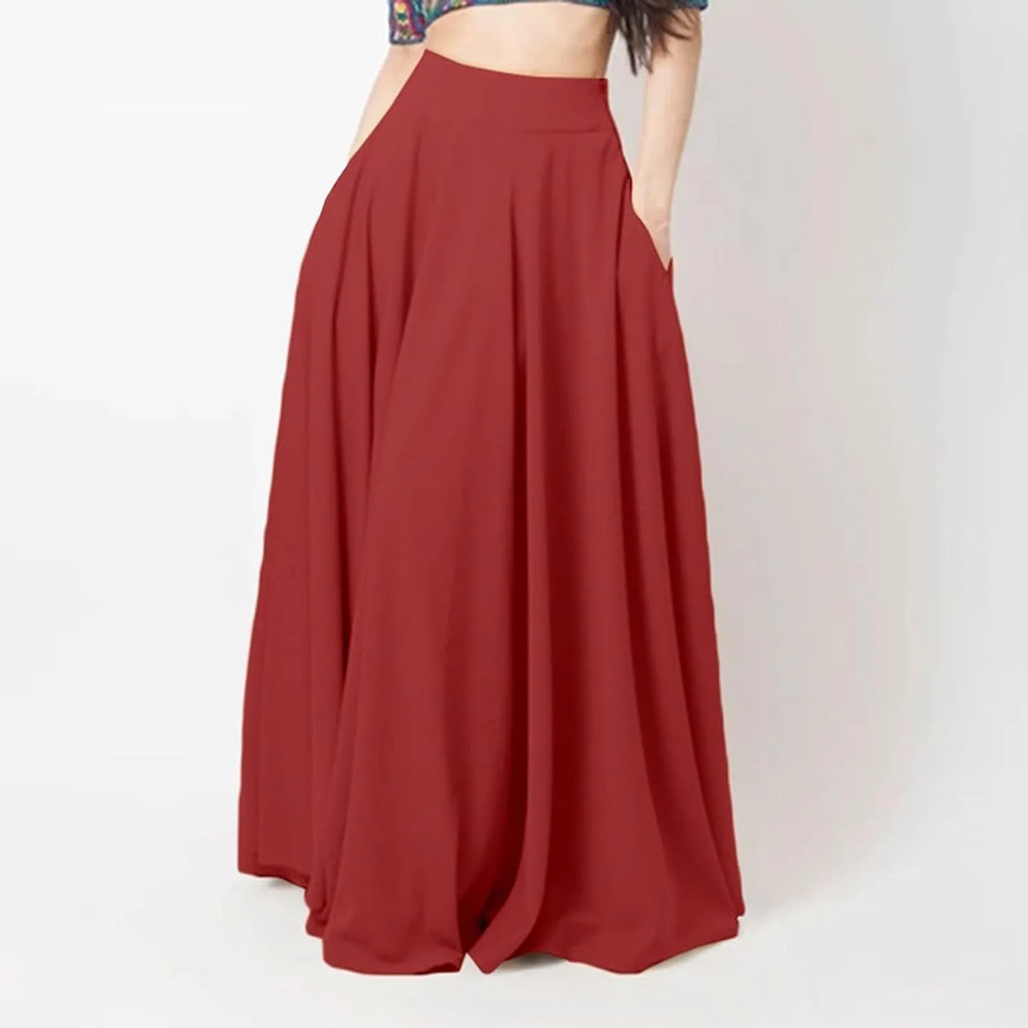 Womens Midi Swing A-line Skirt High Elastic Waist Pleated Beach Skirt Dressy Plain Solid Color Elegant Long Skirts