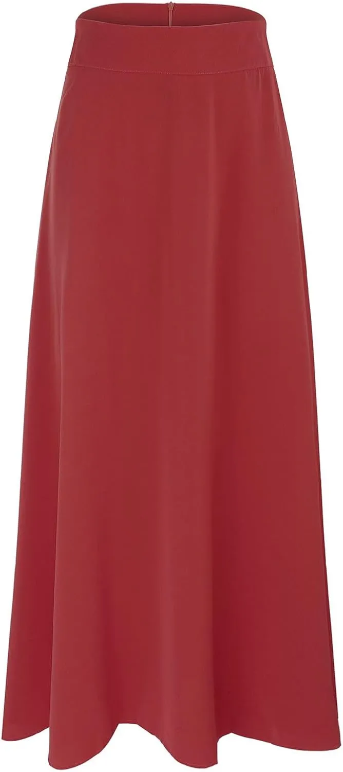 Womens Midi Swing A-line Skirt High Elastic Waist Pleated Beach Skirt Dressy Plain Solid Color Elegant Long Skirts