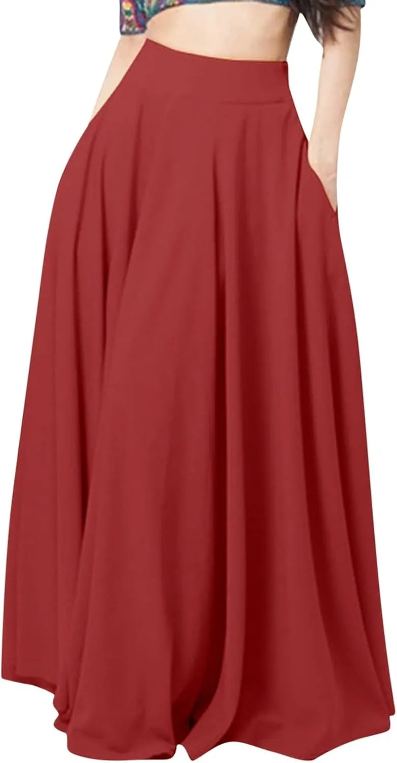 Womens Midi Swing A-line Skirt High Elastic Waist Pleated Beach Skirt Dressy Plain Solid Color Elegant Long Skirts