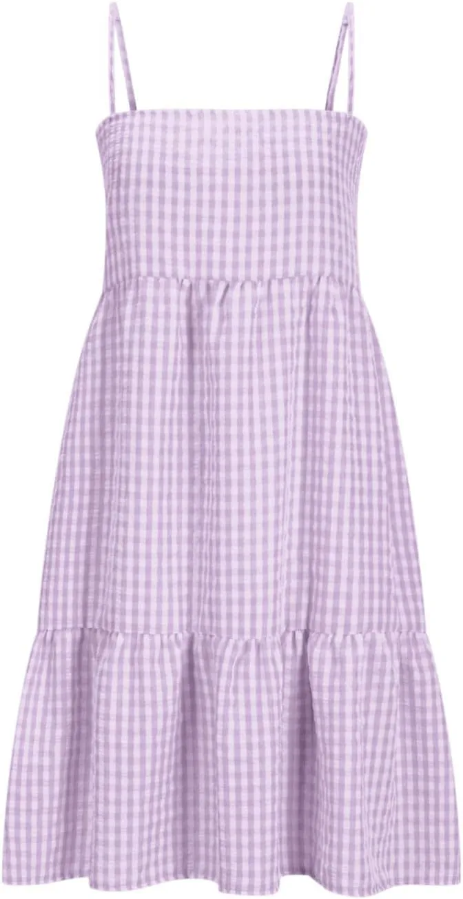 Womens Plaid A-line Dresses Shoulder Straps Ruffle Hem Casual Mini Dress with Side Pockets 2025 Sexy Dresses