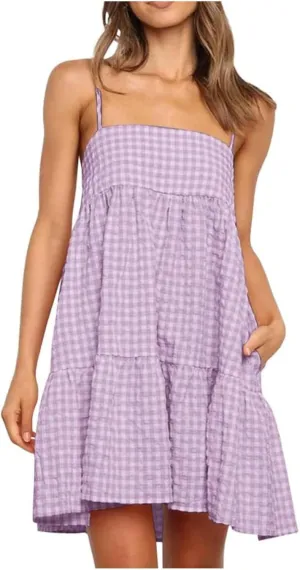 Womens Plaid A-line Dresses Shoulder Straps Ruffle Hem Casual Mini Dress with Side Pockets 2025 Sexy Dresses
