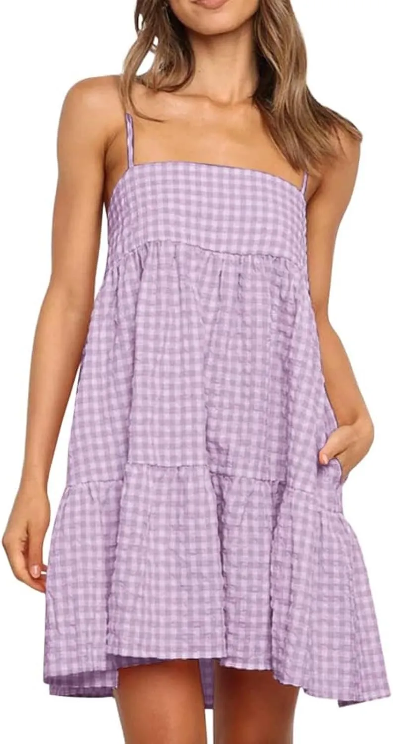 Womens Plaid A-line Dresses Shoulder Straps Ruffle Hem Casual Mini Dress with Side Pockets 2025 Sexy Dresses