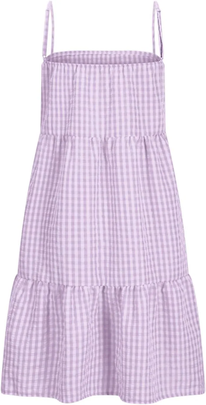 Womens Plaid A-line Dresses Shoulder Straps Ruffle Hem Casual Mini Dress with Side Pockets 2025 Sexy Dresses