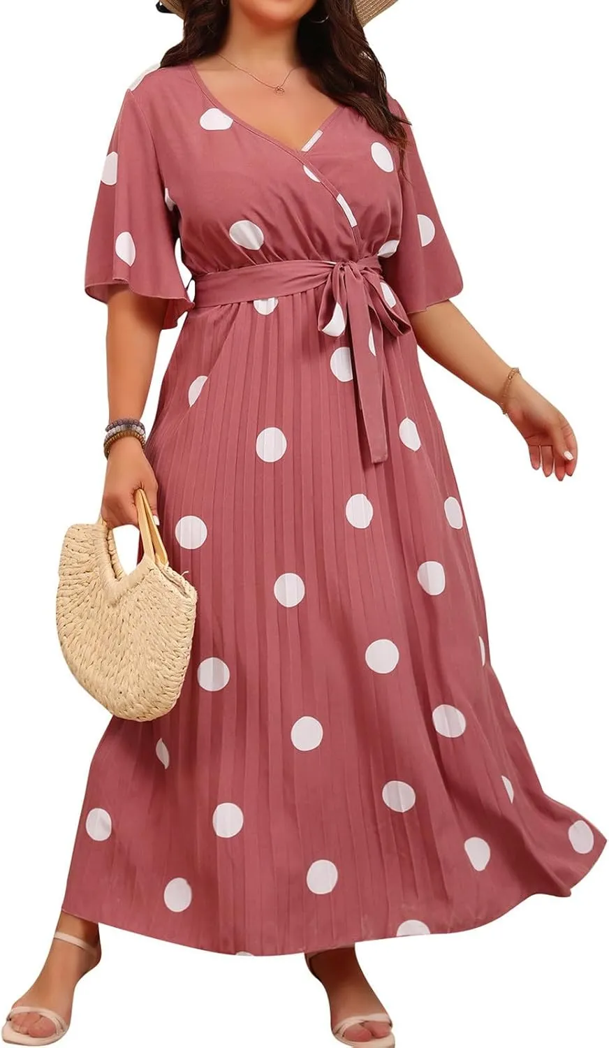 Women's Plus Size V-Neck Lace-Up Midi Dress, Fashion Summer Beach Vacation Casual Dress Short Sleeve Flowy Clothes