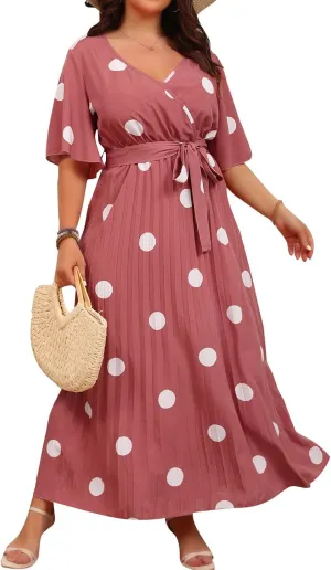 Women's Plus Size V-Neck Lace-Up Midi Dress, Fashion Summer Beach Vacation Casual Dress Short Sleeve Flowy Clothes